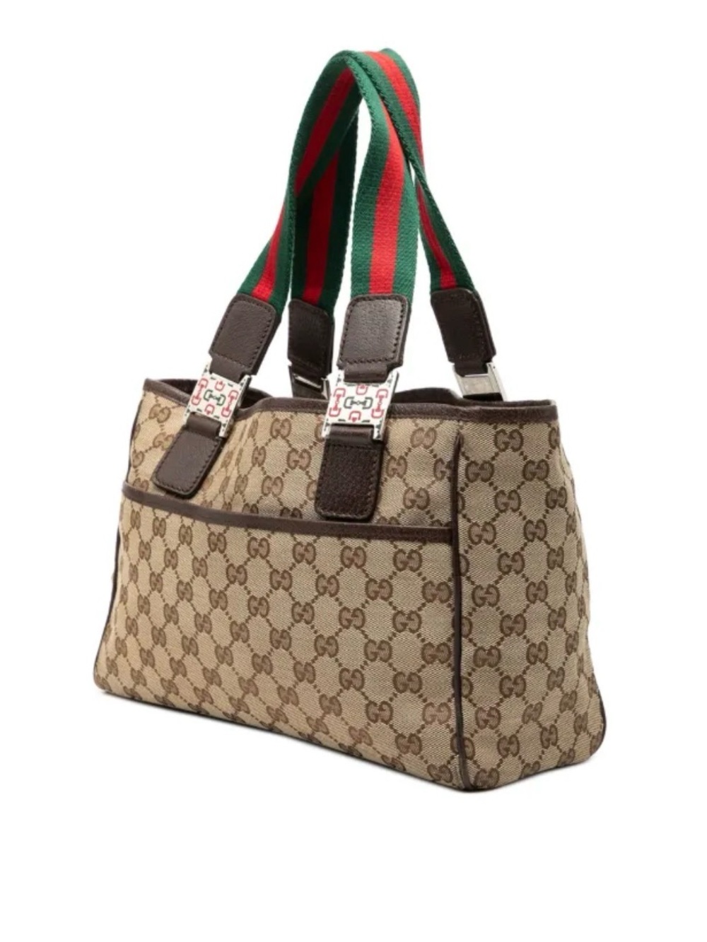 Gucci Brown GG Canvas Tote with Red & Green Striped Handles